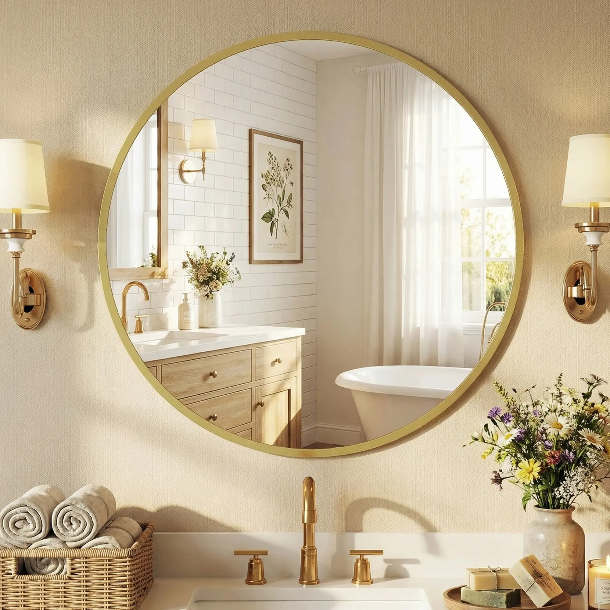 Round Wall Mirror, Bathroom Mirrors for Over Sink, Circle Mirror for Bathroom, Entryway, Bedroom, Vanity Decor