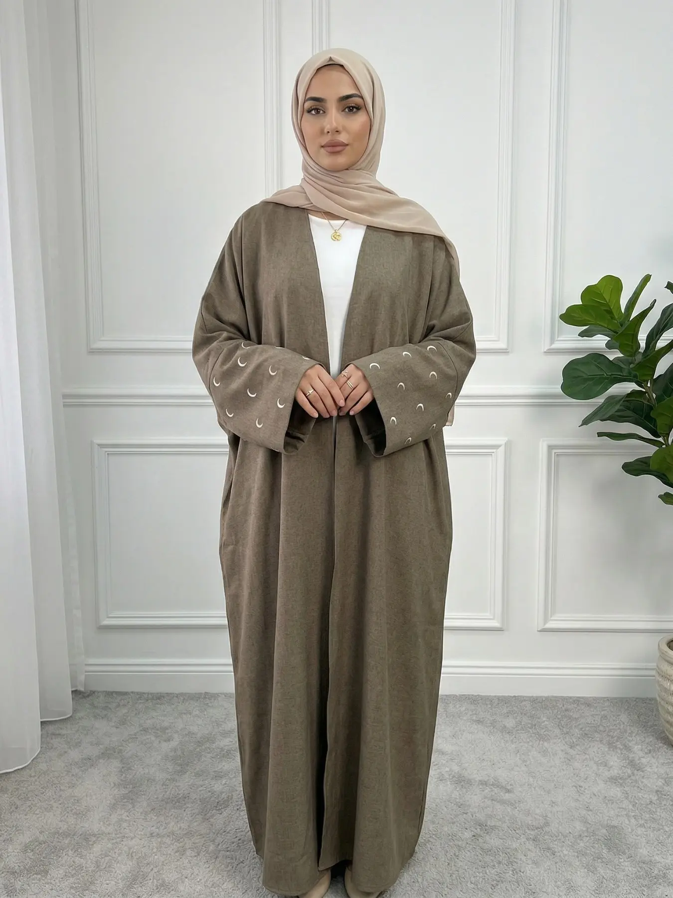 Arabic Clothing- Women's Moon Embroidery Abaya without Hijabs, Summer Outfits 2024, Embellished Open Abaya, Modest Casual Long Sleeve Open Front Muslim Abaya, Arab Robe, Islamic Clothing, Islamic Abaya Dress