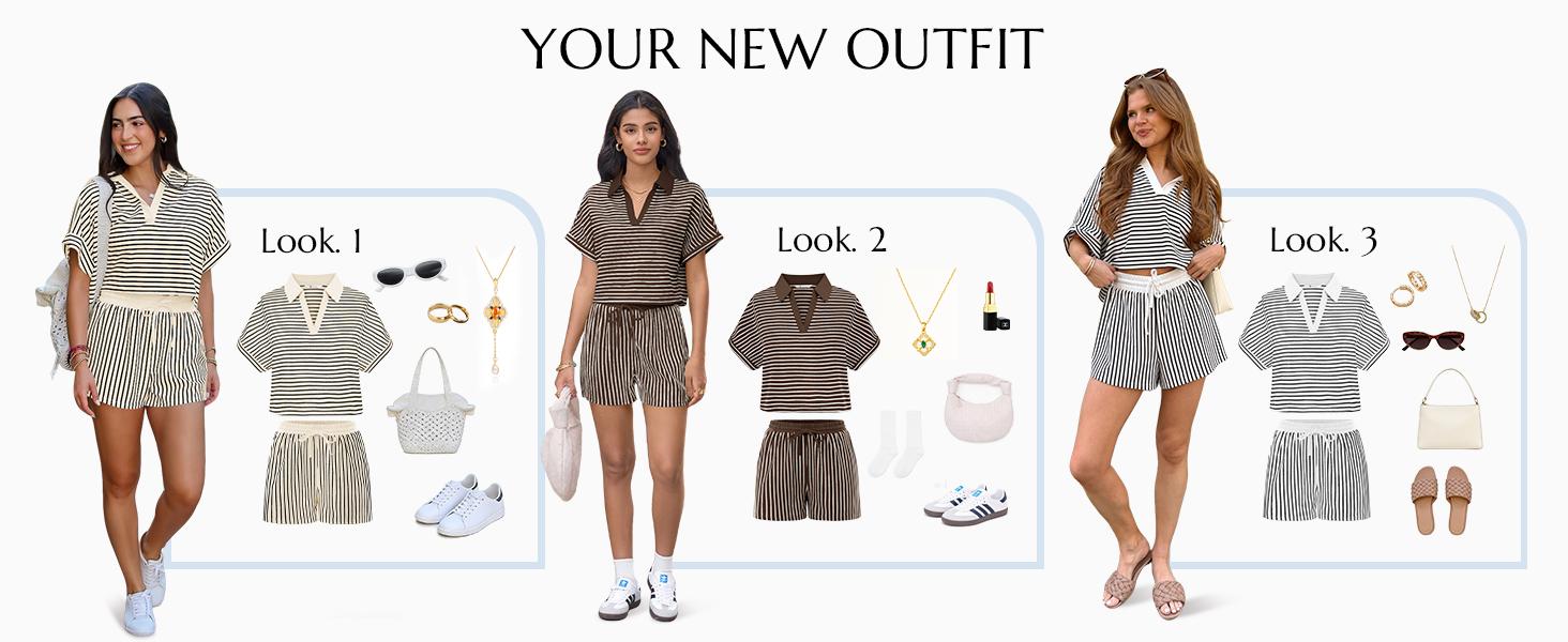 Cicy Bell Womens Striped 2 Piece Short Sets Summer Short Sleeve Collared V Neck Cropped Tops Vacation Casual Lounge Outfits Cicy Bell Womens Striped 2 Piece Short Sets Summer Short Sleeve Collared V Neck Cropped Tops Vacation Casual Lounge Outfits