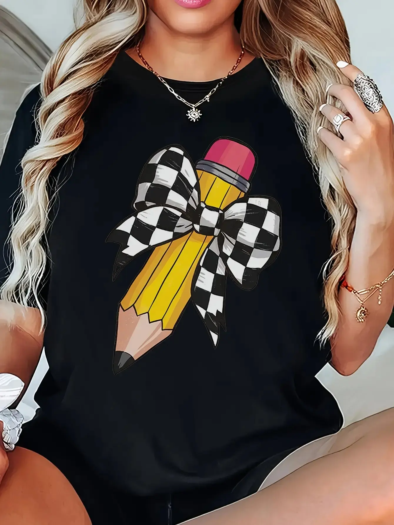 Women's Teacher T-Shirt - Soft Breathable Black Crew Neck Top with Yellow Pencil Print & Checkered Bow Tie Design - Casual Short Sleeve Shirt for Teachers, Moms - Back to Outfit, Daily Educational Wear, Machine Washable, All-Season Comfort Fit
