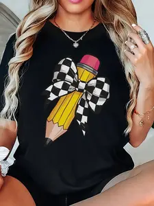 Women's Teacher T-Shirt - Soft Breathable Black Crew Neck Top with Yellow Pencil Print & Checkered Bow Tie Design - Casual Short Sleeve Shirt for Teachers, Moms - Back to Outfit, Daily Educational Wear, Machine Washable, All-Season Comfort Fit