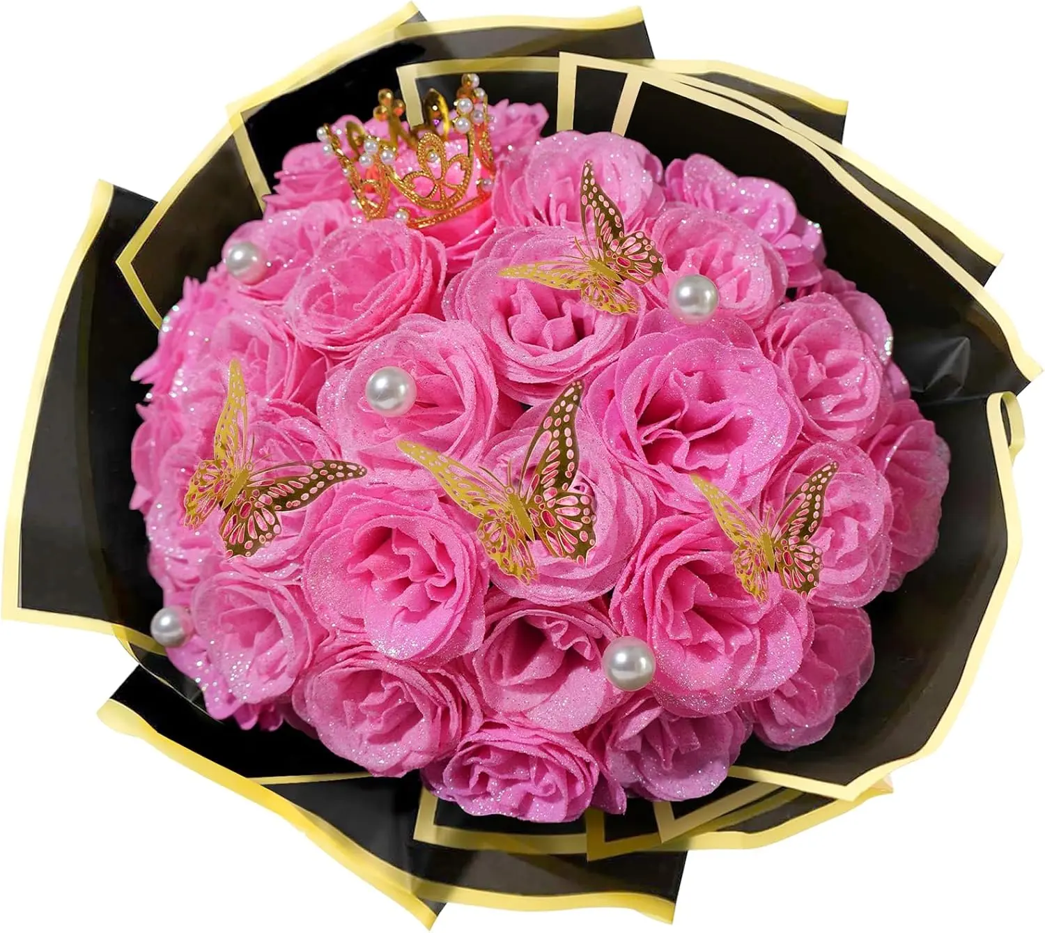 24-Pc Pink Glitter Artificial Roses Bouquet - Home Decor Floral Ornaments, Everlasting Gift for Anniversary Gifts for Her, Special Occasions