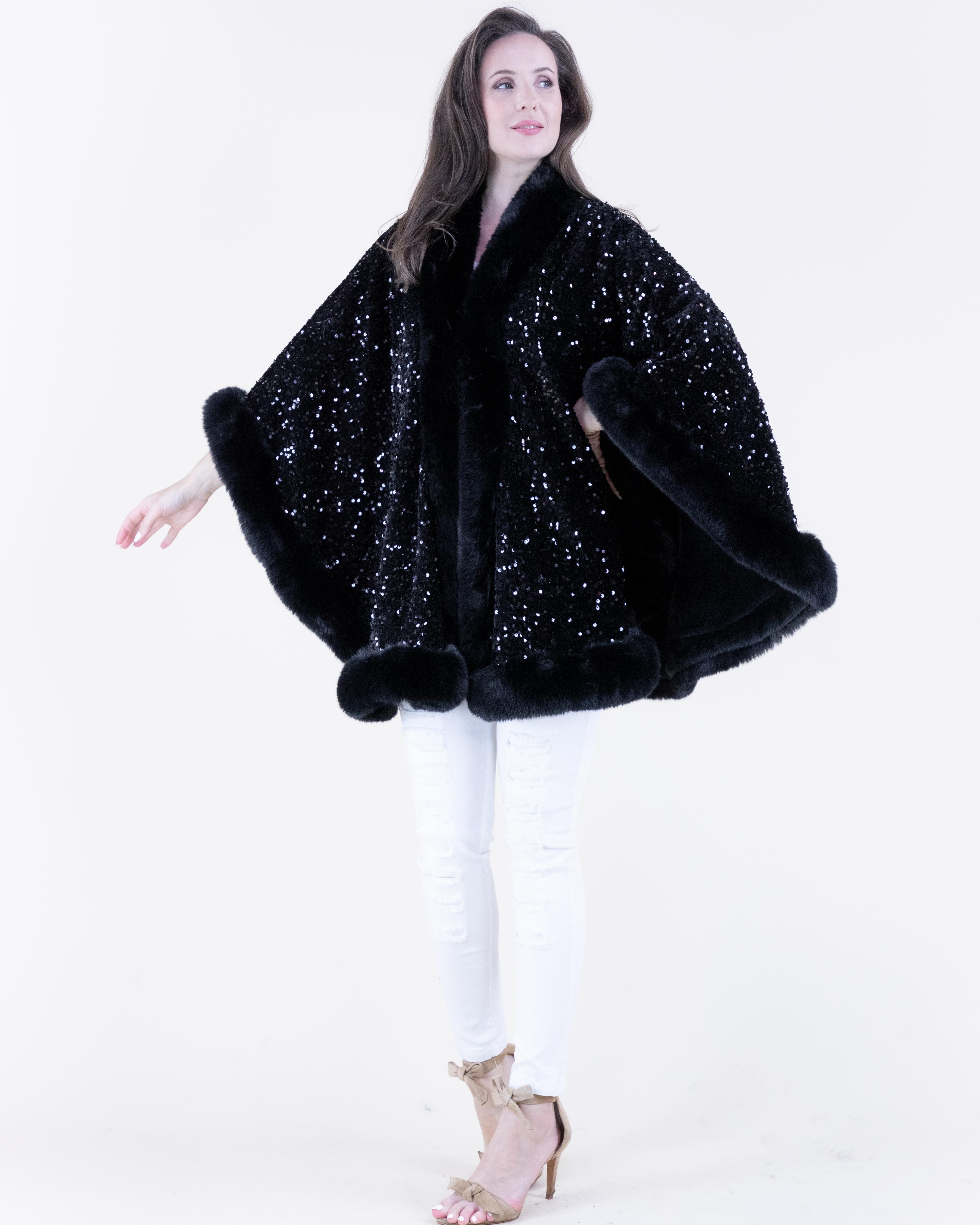Women's Luxurious Sequin Faux Fur Trimmed Evening Cape Poncho - Elegant Outerwear for Special Occasions Women's Luxurious Sequin Faux Fur Trimmed Evening Cape Poncho - Elegant Outerwear for Special Occasions