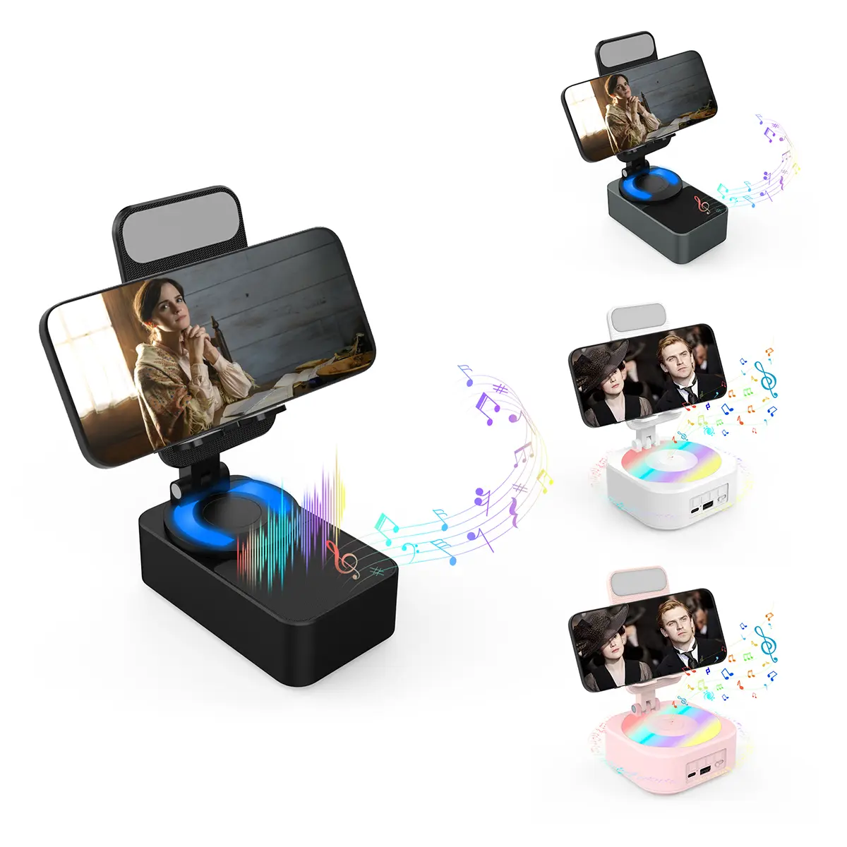 Elecomo Multifunctional 5-in-1 Mobile Phone Stand Holder - Wireless Audio Bluetooth Multifunctional Speaker, LED Light, USB Power Bank Batteries, 5.3 HD Surround Subwoofer Sound, 360° Rotatable Foldable Lift, Non-Slip Base (Ideal for Home, Office)