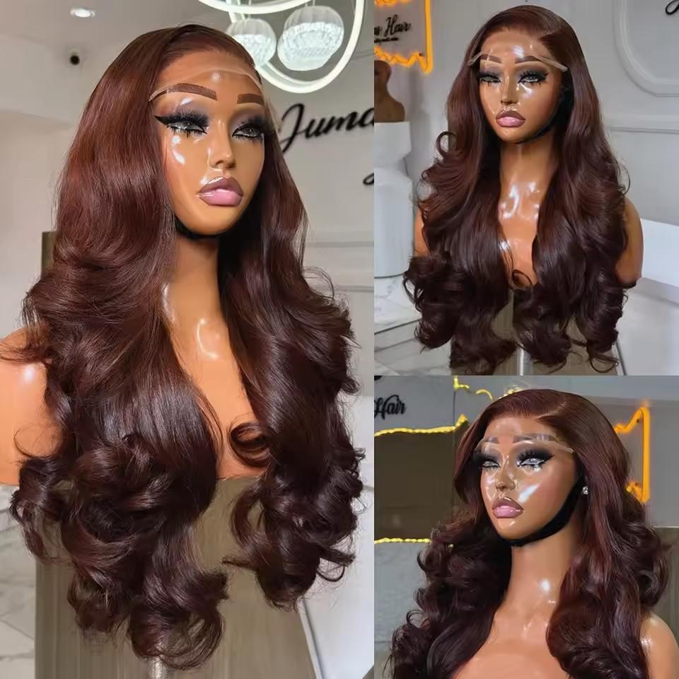 32 34 Inch Body Wave Chocolate Brown 13X4 Transparent Lace Front Wig Brazilian Real Human Hair 13X6 Hd Lace Frontal Wig Colored  Pre Plucked Natural Hairline For Women