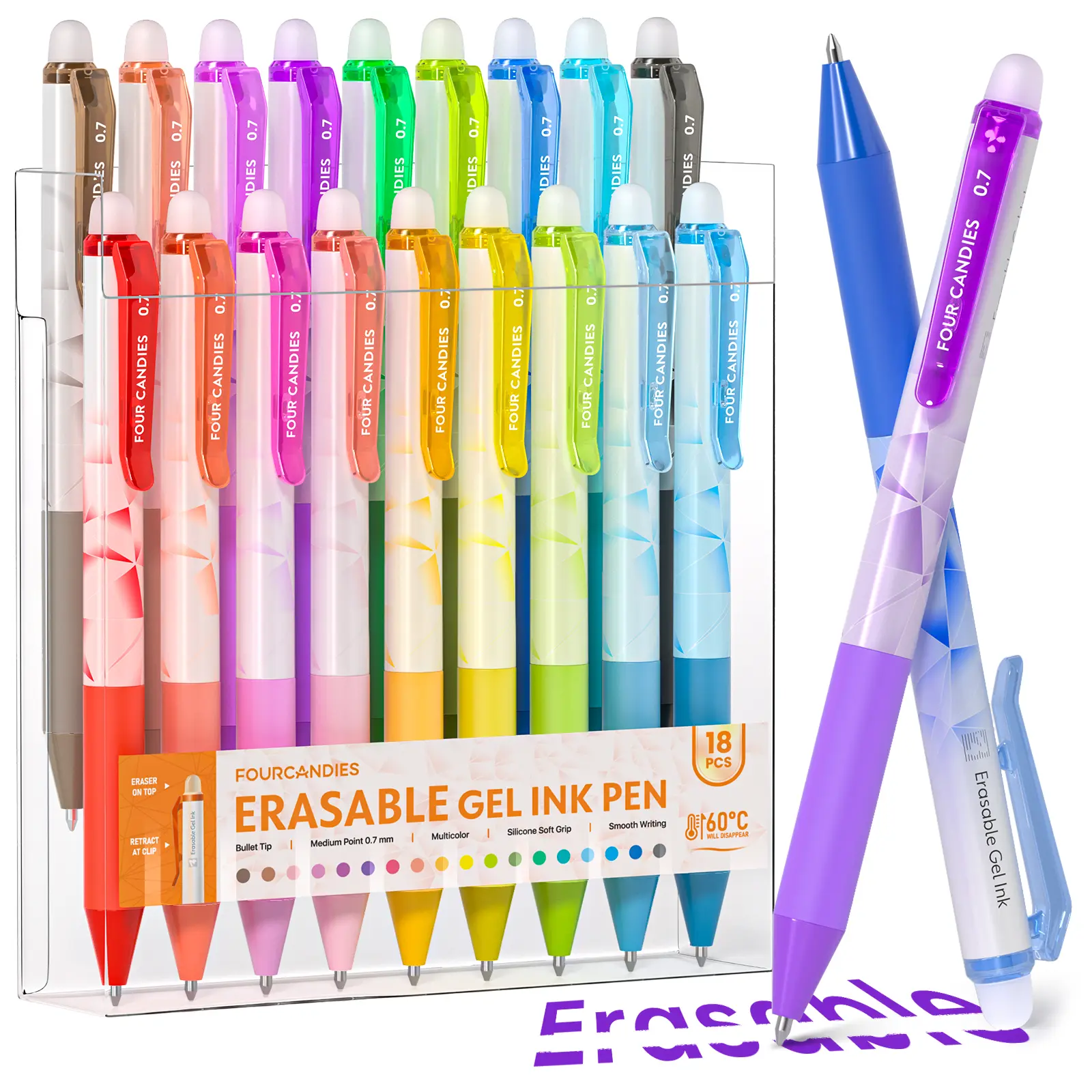 Four Candies 0.7mm Erasable Gel Pens 12Colors Retractable Fine Point  Pens with Eraser for Everyday Use & Educational Purposes, for planner, students, teachers, nurses and artists,magical pen, fun desk supplies, office accessories Smooth Writing Pens