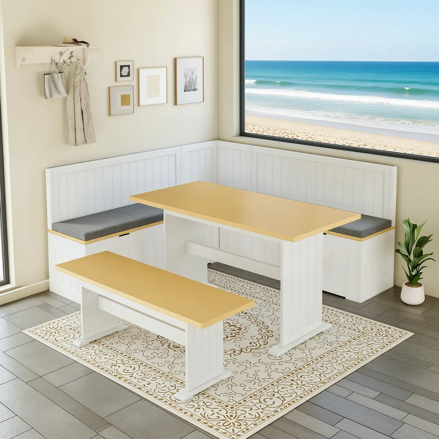 L Shaped Breakfast Nook Table Set with Cushion, Flip-Top Hidden Storage Corner Dining Bench Set, Wooden Banquette Table Set for Kitchen Entryway Small Space White
