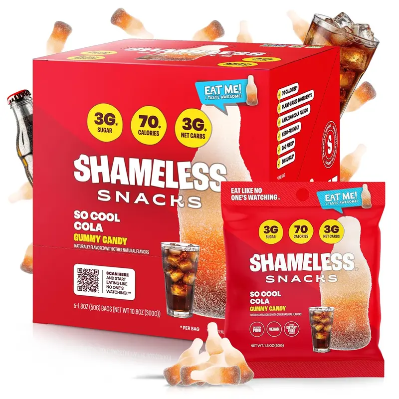 Shameless Snacks So Cool Cola Chewy Gummy Candy - Keto, Low Sugar, Gluten-Free, Glycerin-Infused Vegan Sweet Crave-Satisfy Low Calorie Candy, Erythritol & Sucralose-Sweetened High Fiber Boxed Set Office Snacks for Adults