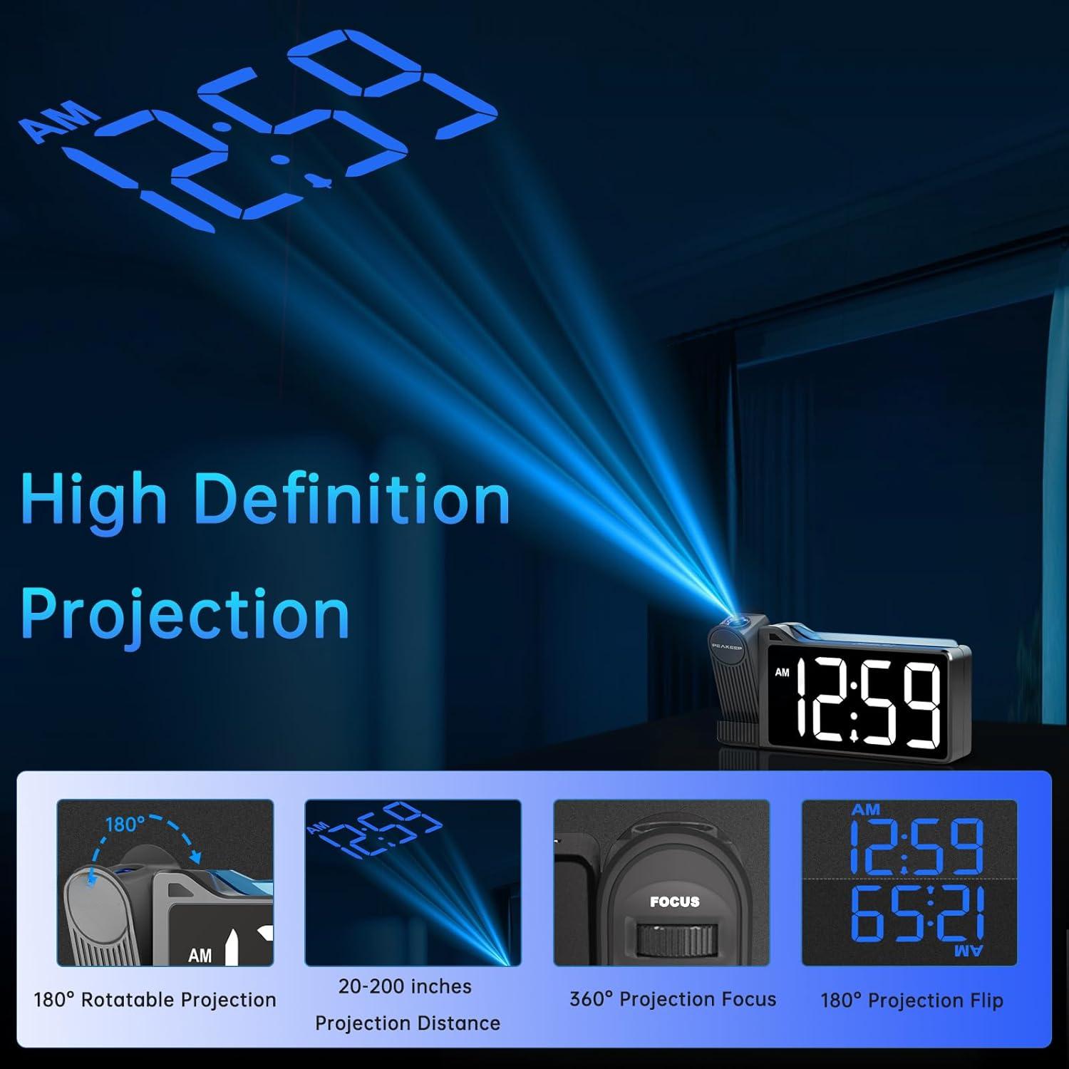 SUNDAY MIRTH Projection Clock for Bedroom Ceiling - Super Loud, Color Changing Nightlight, Digital Clock with USB Port, Plug-In Bedside Electric Clock