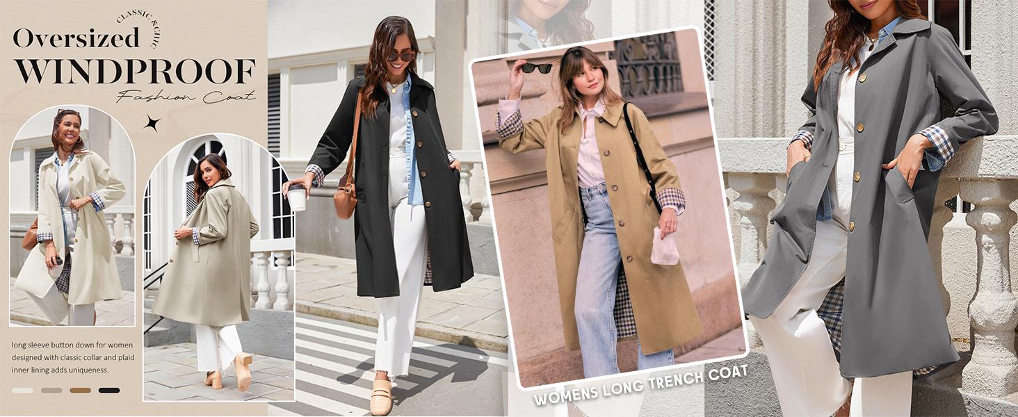 WoodBerry Women's Long Trench Coat Single Breasted Classic Collar Check Lining Oversized Windproof Overcoat Fashion Outerwear