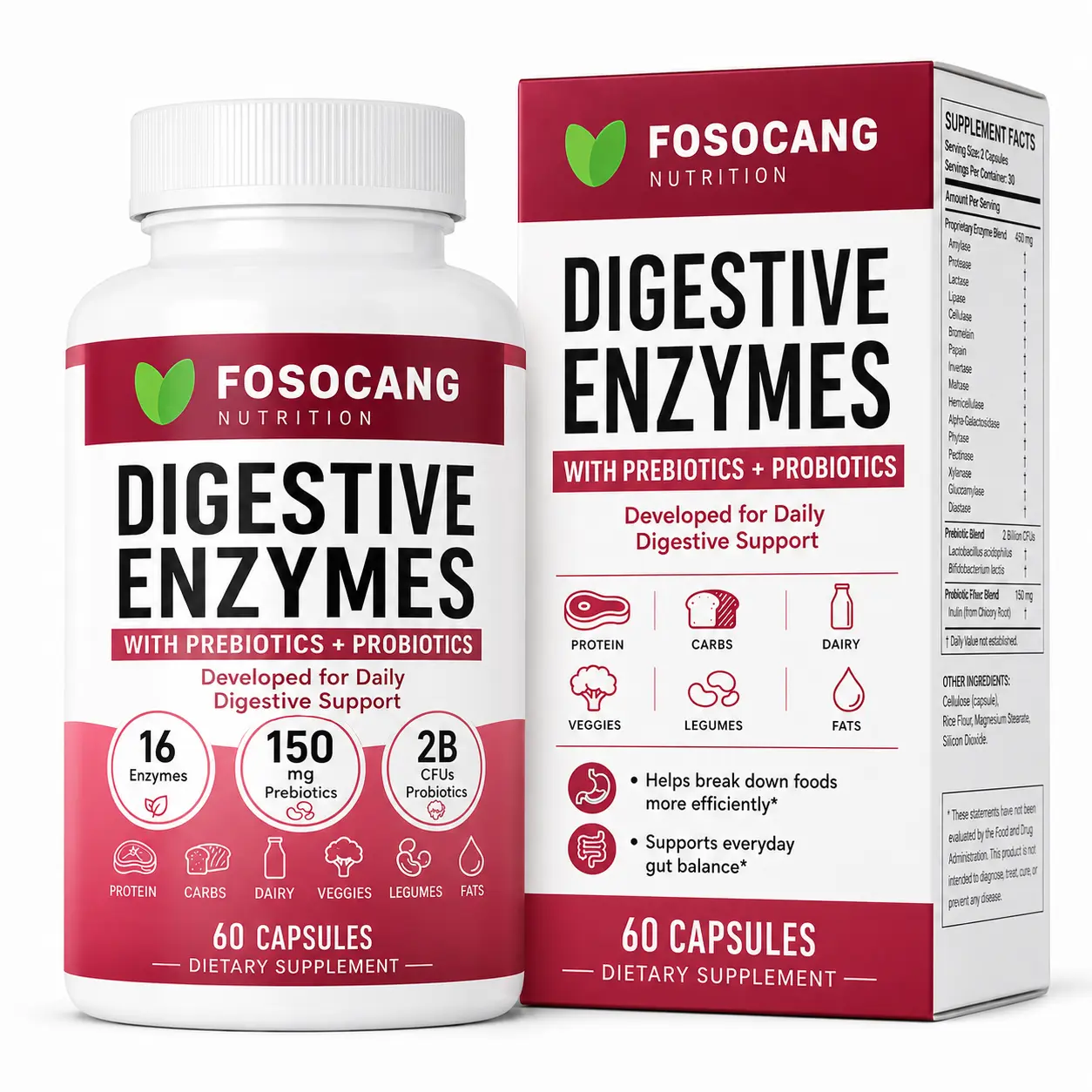 FoSoCang Digestive Enzymes Capsules - Organic Fermented Live-Culture Probiotic, Prebiotic, Peppermint All Natural Supplement for Mealtime Discomfort, Gut Support, Bloat Relief, Vegan Safe Dietary Supplement