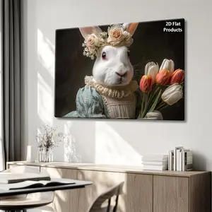 2D Flat, 2D Flat, 2D Flat A 2D Flat Picture Frame for New Year Celebrations, Suitable for Both Indoor And Outdoor Decoration, Featuring a White Rabbit in a Stylish Dress Holding Tulips. This Adds Charm to Your Living Room, Bedroom	