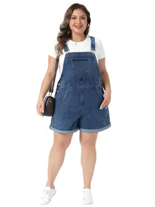 Agnes Orinda Plus Size Denim Overall Shorts for Women Adjustable Straps Roll Hem 5 Pocket Jean Jumpsuit Bib Shortalls