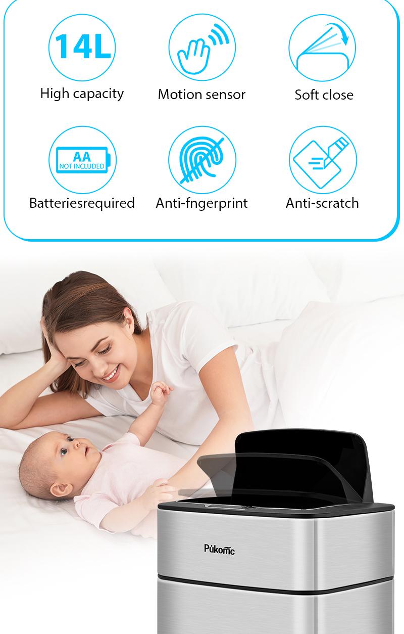 Pukomc 2.7Gal Smart Sensor Bin – stainless steel rectangular trash can with auto-open lid for kitchen, bathroom & office.