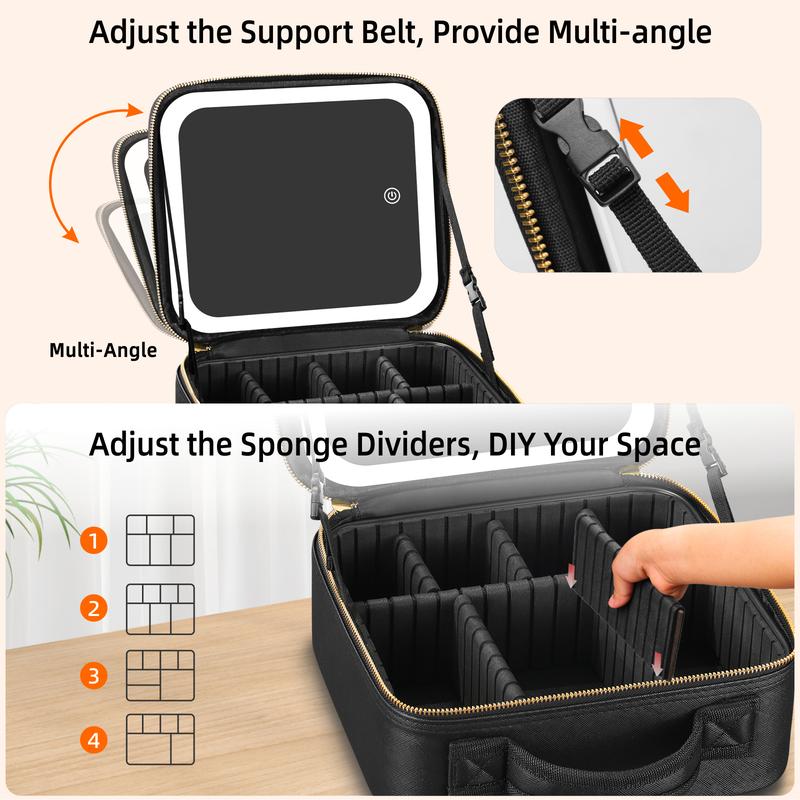 Portable Travel Makeup Bag with LED Mirror, 3 Color Light Settings, Rechargeable Cosmetic Organizer Case for Women, Portable Vanity Box for Beauty Essentials Zip