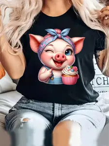 Women's Cute Cartoon Pig Graphic T-Shirt - Playful Cupcake & Ice Cream Print, Soft Stretch Round Neck Casual Tee for All-Season Comfort, Machine Washable Sporty Top (Black), Comfortable Clothing, Whimsical Fashion, Nontransparent Fabric