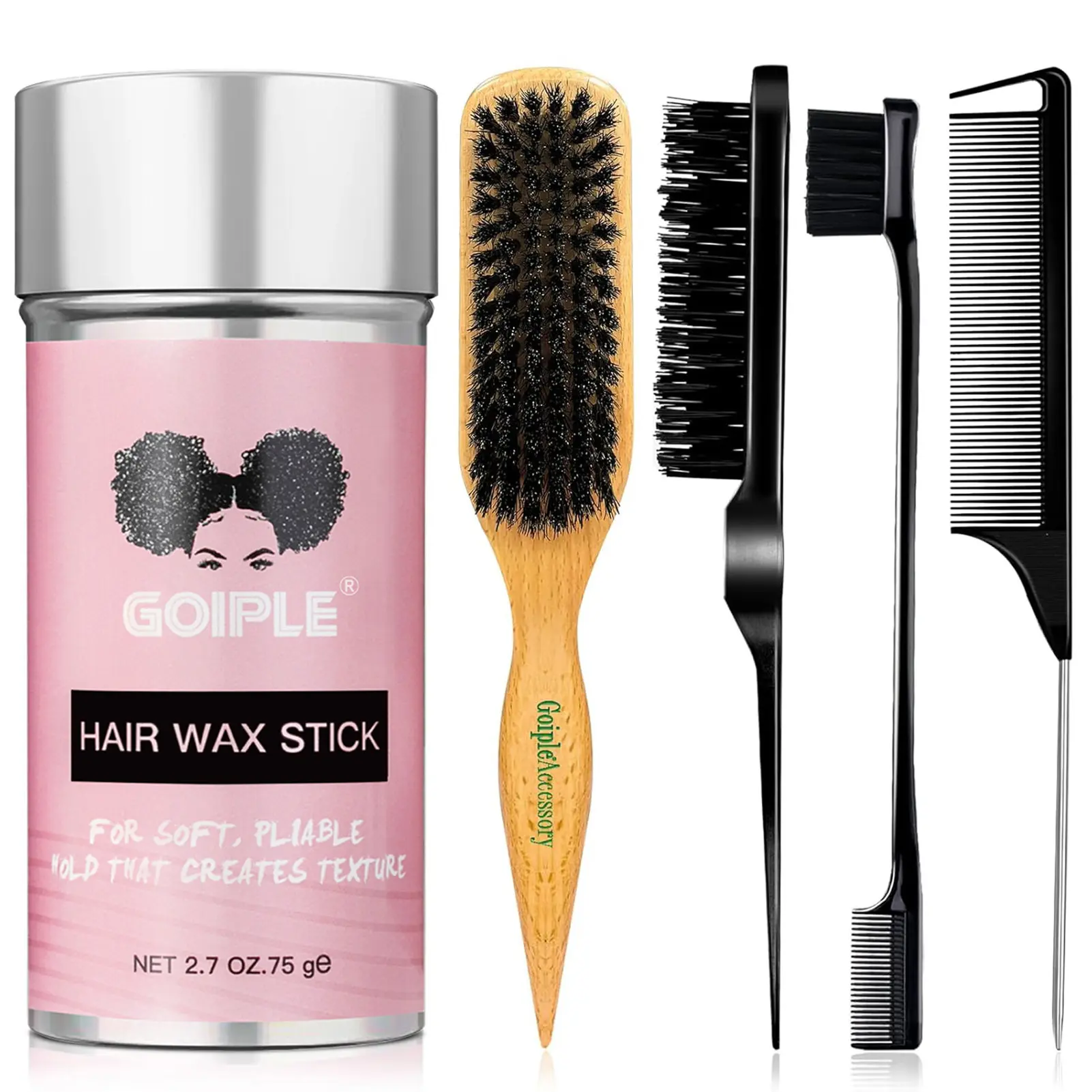 Slick Back Hair Brush Set Teasing Boar Bristle Brush, Hair Wax Stick, Edge Brushes, Rat Tail Comb, Teasing Comb, Wooden Slickback Hairbrush