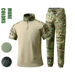 Mens Tactical Camo Set, Military Style Short Sleeve Half Zip Shirt + Camouflage Jogger Studio Work Pants, Breathable Mesh, Lightweight Quick Drying, Multicam Combat Outfit For Airsoft, Hunting, Outdoor Training, Streetwear