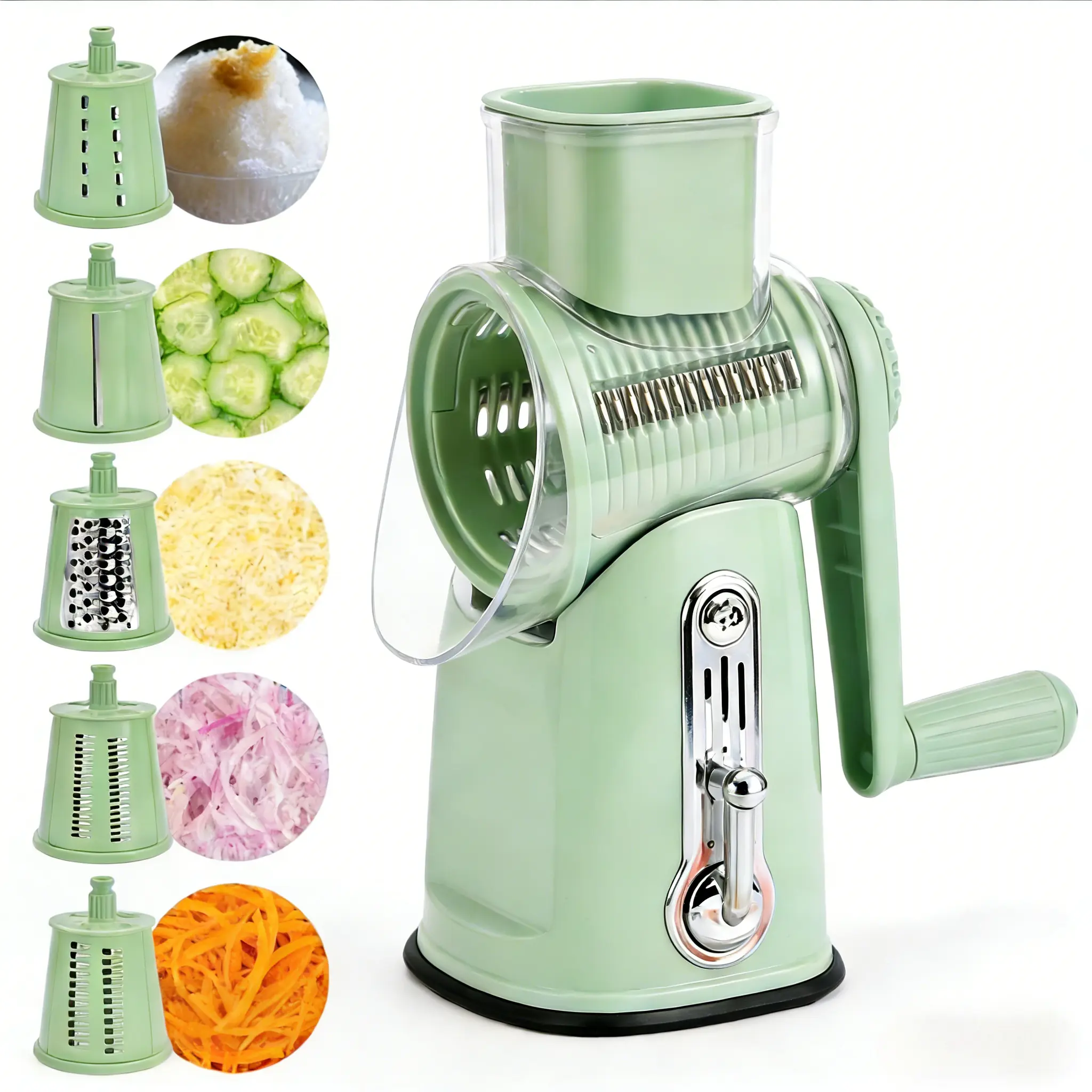 Rotary Cheese Grater with Handle - Stainless Steel Rotary Cheese Shredder, 5 Well-Designed Blades, Enhanced Cutting Efficiency, Food-Grade Materials, Strong Suction Cup Base, Kitchen Utensil, Vegetable Cutting Slicer, Wavy Cut