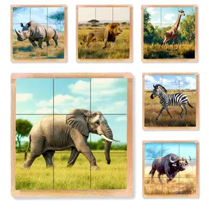 6-in-1 Wooden Animal Puzzle –  Realistic African Safari Animals Educational Wood Blocks for Toddlers Ages 3–6