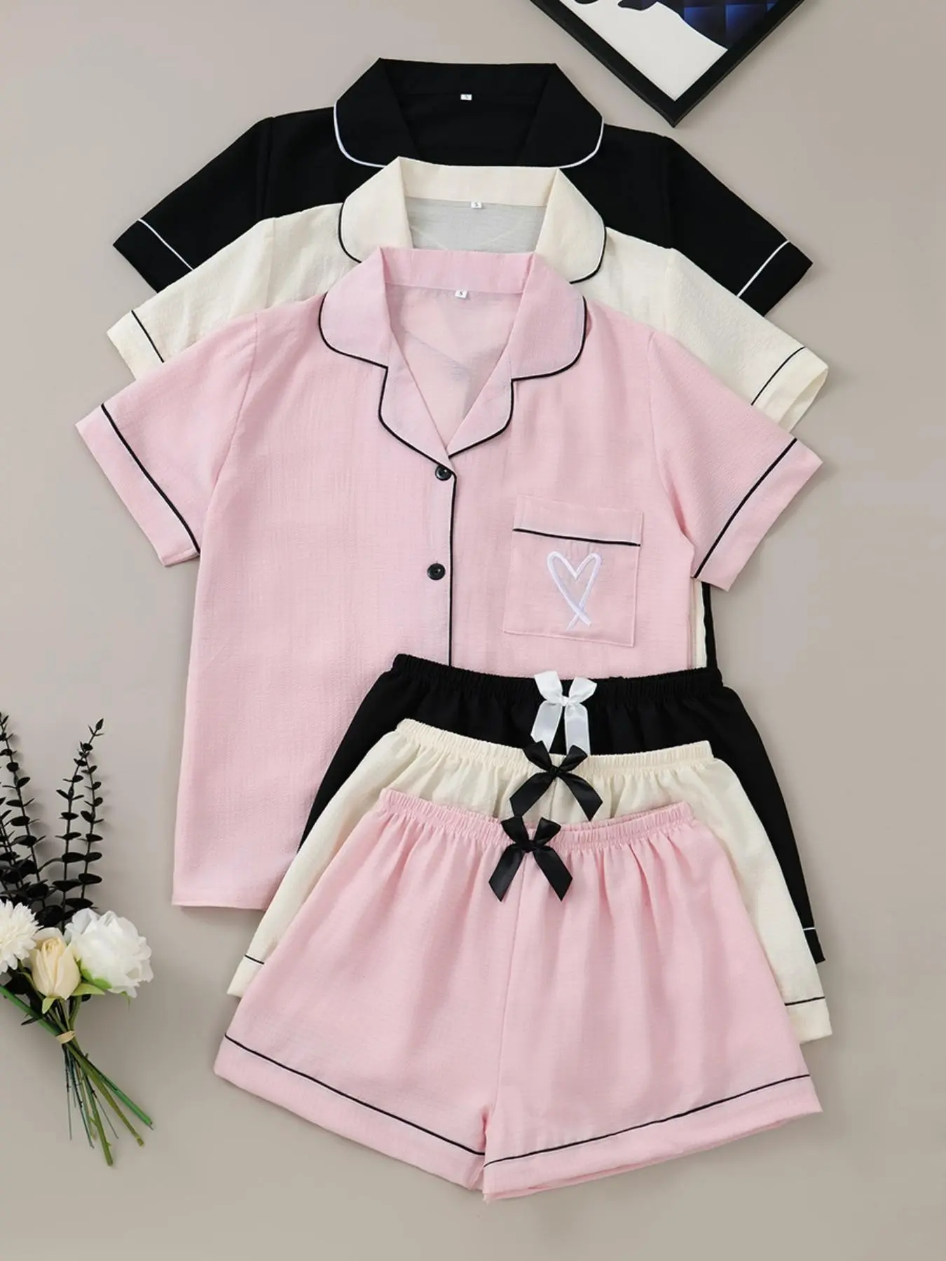 6-Piece Heart Embroidered Pajama Set, Casual, Short Sleeve Button-Up Top and Elastic Waist Shorts, Women's Sleepwear and Loungewear, Embroidery, Outfits
