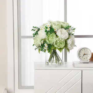 GAOMON 17-Piece Mixed Silk Peony Bouquet in Glass Vase with Faux Water, Real Touch Artificial Flowers for Wedding Centerpieces, Home Table Decor, and Event Decorations (White & Green)