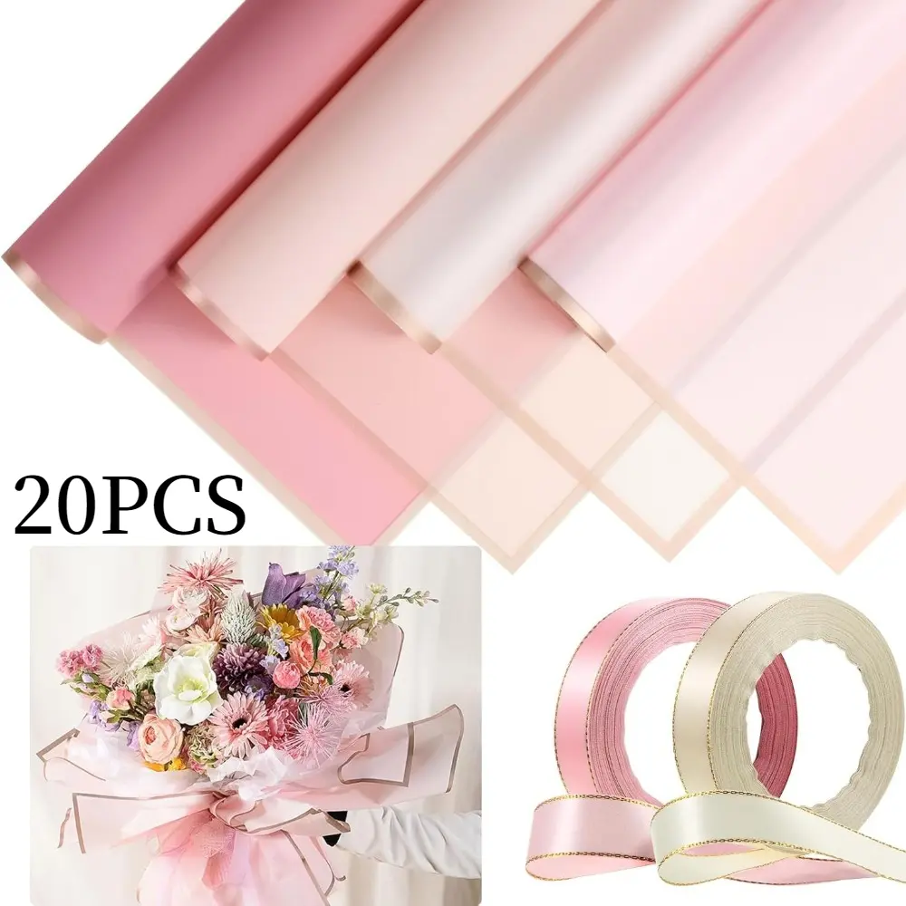 Flower Wrapping Paper & Ribbon Set, 20 Sheets Bouquet Gift Wrapping Paper with 44m Double-Face Satin Ribbon, Florist Supplies for DIY Flower Gifts