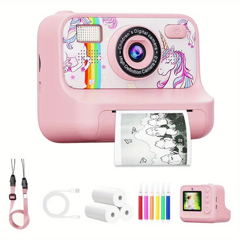Kids Digital Camera - 1080P HD Video, Thermal Instant Printing, 6 Self-Timer Modes, Plastic Battery-Powered Portable Camera Digital for 3-8 Year Olds, Birthday Christmas Gift, Portable Digital Camera
