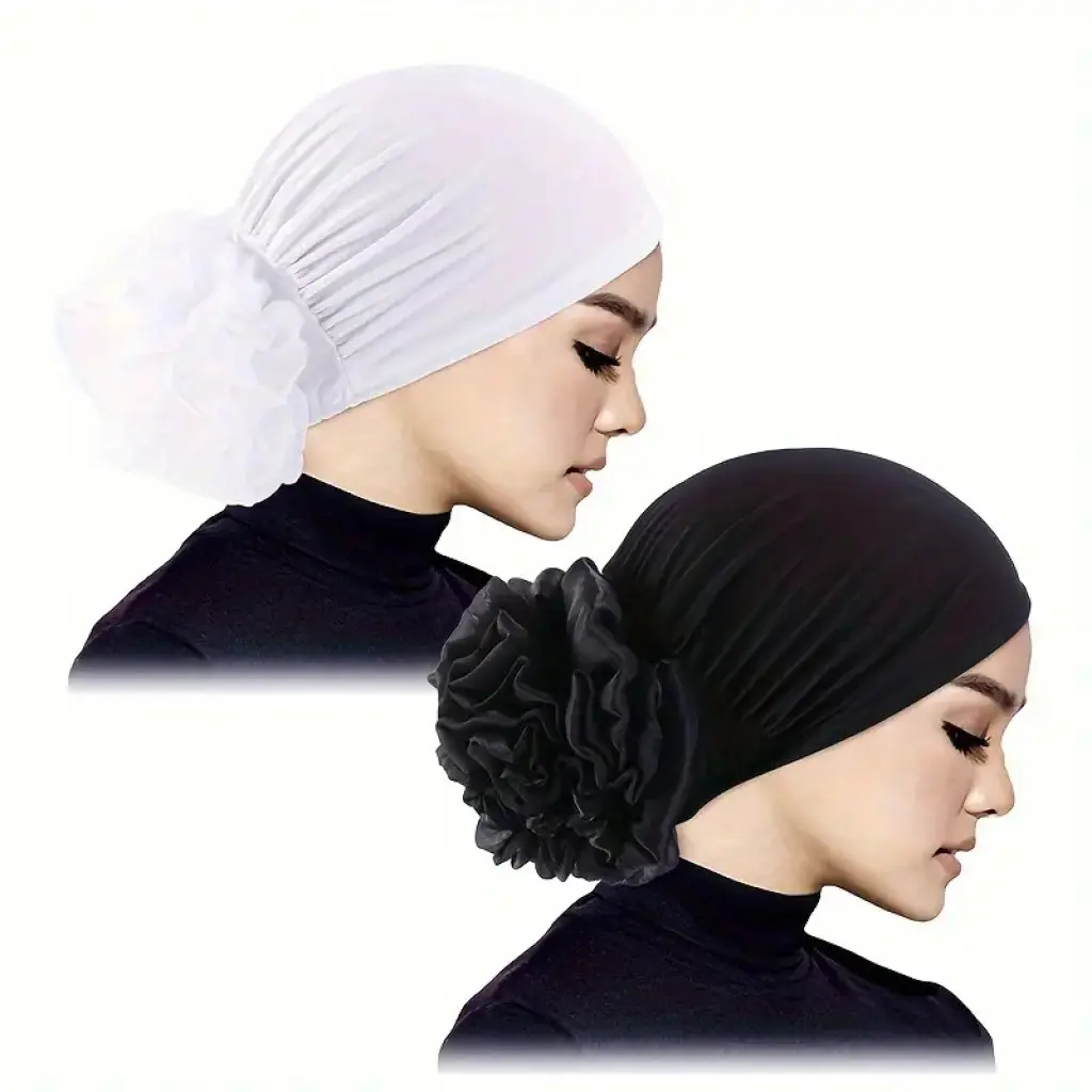 Humwam 2-Pack Soft Stretch Knit Hijab Undercap, Floral Chiffon Back Turban Head Wrap, Non-Slip Sleep & Chemo Hair Cover, Lightweight Reusable Headwear for Postpartum Hair Protection, Daily Casual Fashion Accessory
