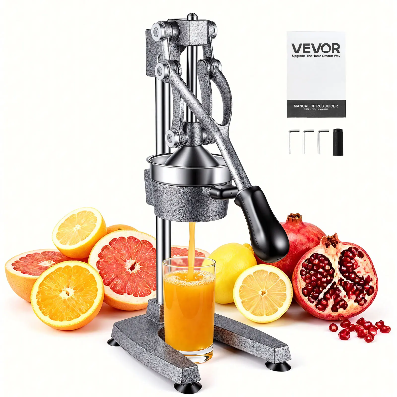 VEVOR Kitchen Manual Citrus Juicer, 19" Tall Heavy-Duty Cast Iron Hand Press Extractor, Easy-to-Clean for Orange, Lemon, Home & Commercial Use, Silver Gray