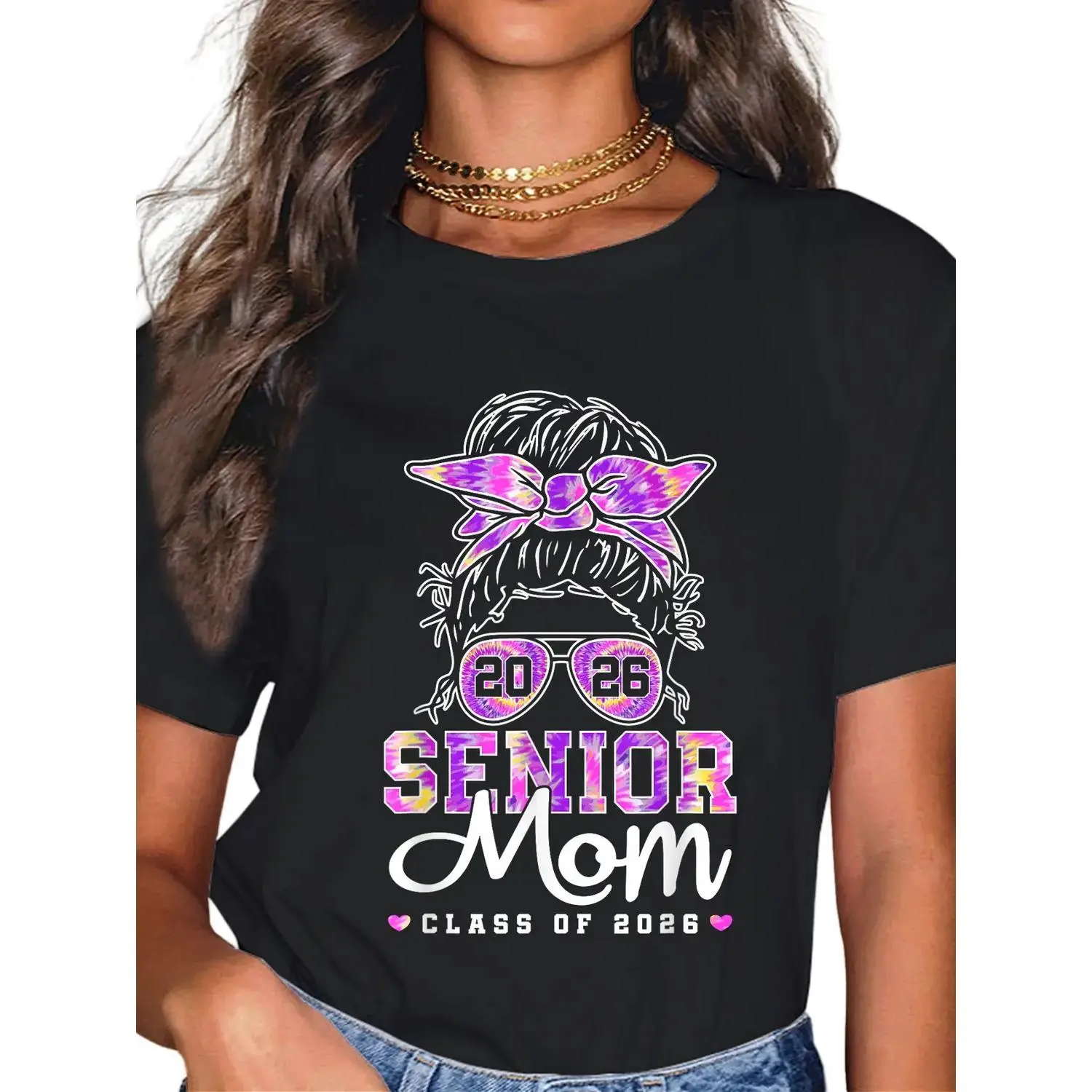 Women's Graphic T-Shirt, Senior Mom Class of 2026 Casual Loose Fit Round Neck Short Sleeve Top in Heavyweight 100% Cotton