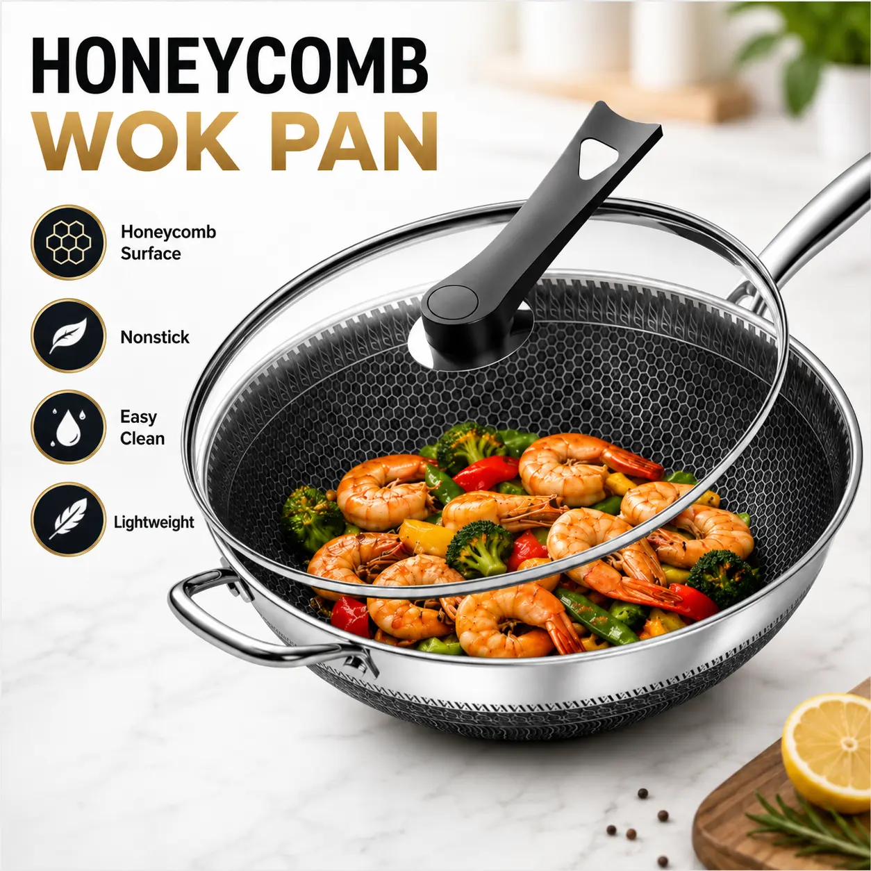 Summerwins 12.60in Round Stainless Steel Honeycomb Anti-Stick Wok with Lid - Cool-Touch Handle, Less Oil Cookware, Anti-Adhesive Pans & Woks, Easy Clean, Steam Suspension, Induction/Ceramic Stove Compatible Home Kitchen Stir-Fry Tool