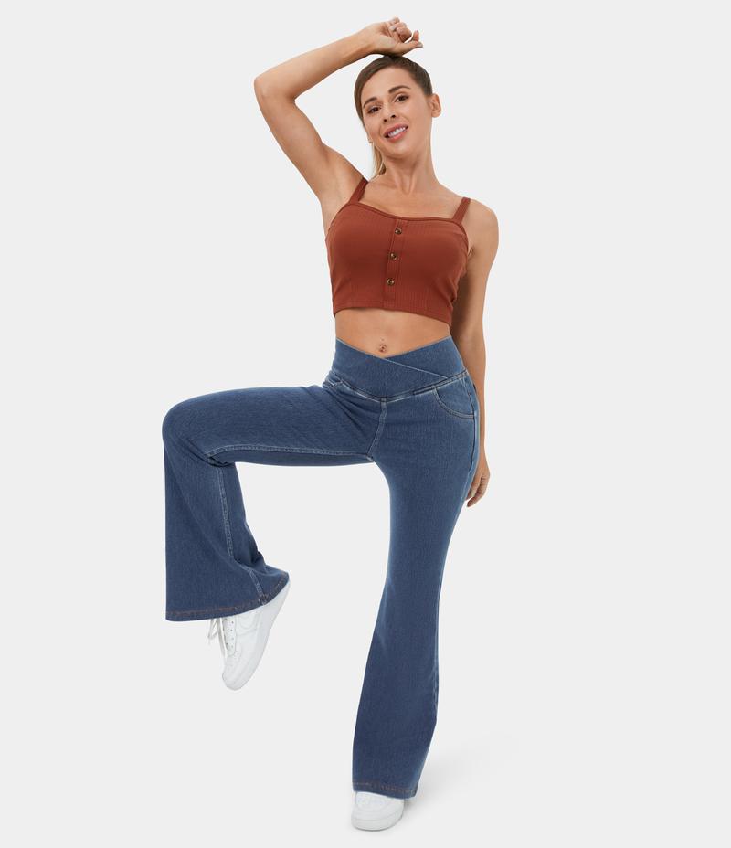 Halara Flex High Waisted Crossover Pocket Washed Stretchy Knit Casual Super Flare Jeans  #TikTokShopHolidayHaul