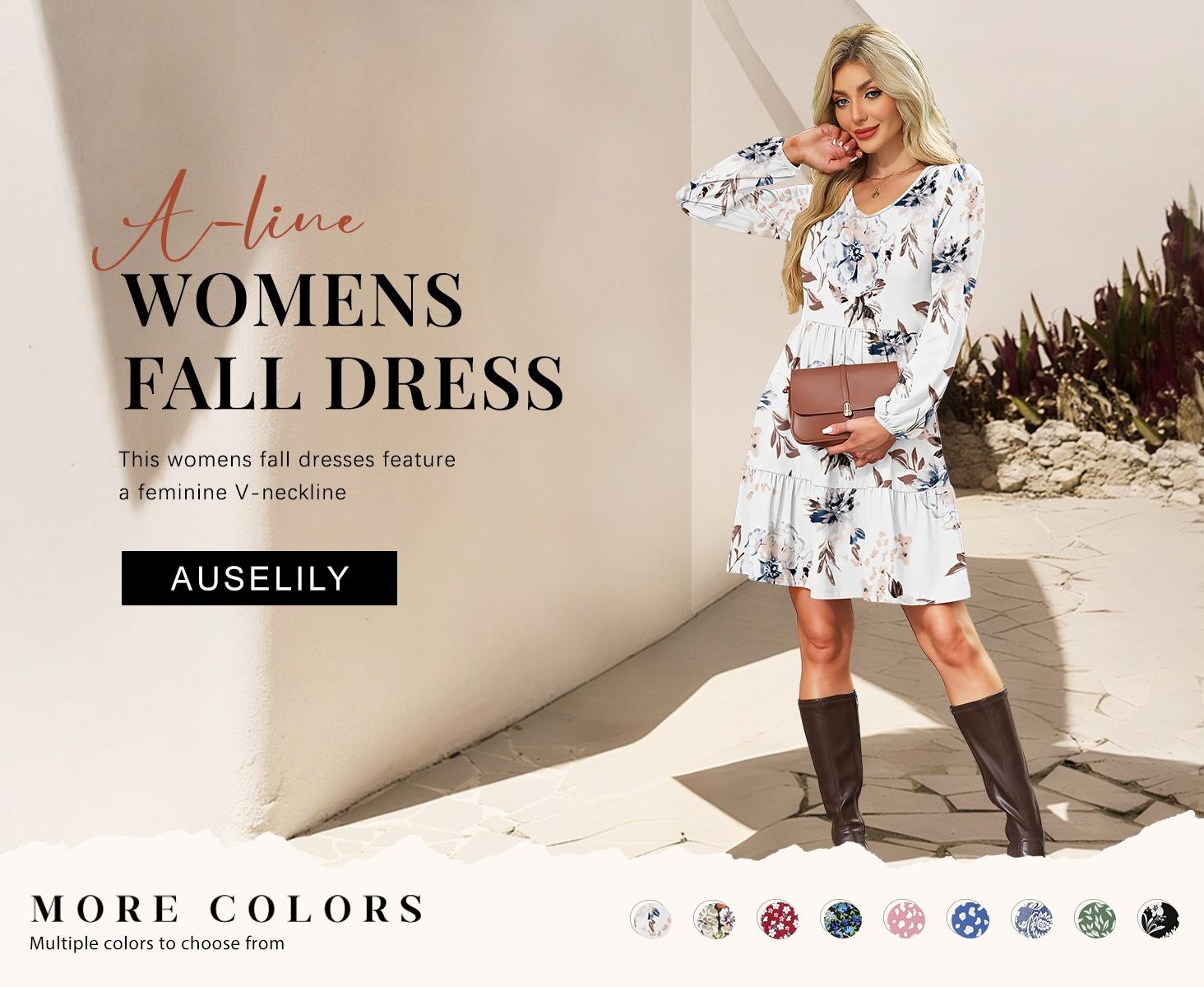 AUSELILY Women‘s Casual Tunic Dress V Neck Tiered Swing Flowy A-line Mini Short Dresses with Pockets Floral Womenswear Ruffled Dresses SpringStatements