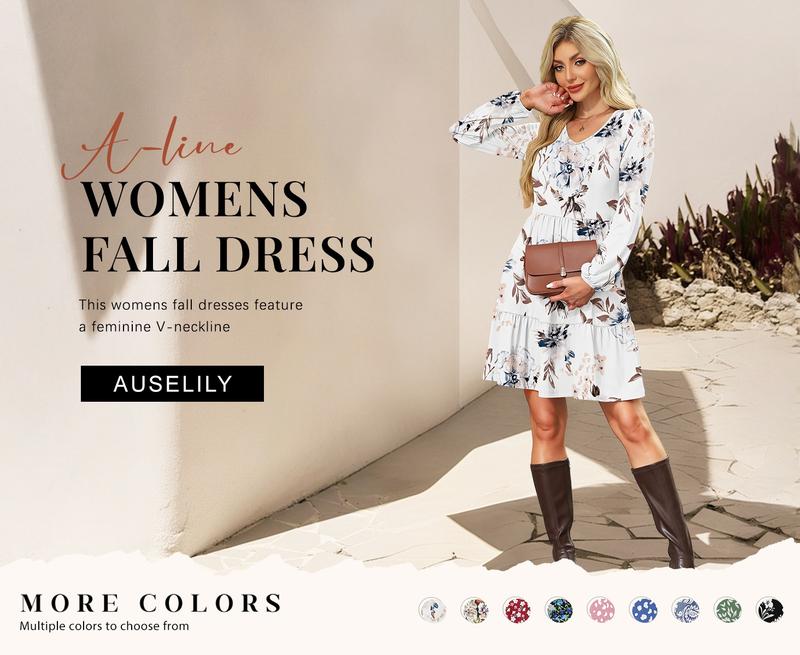 AUSELILY Women‘s Casual Tunic Dress V Neck Tiered Swing Flowy A-line Mini Short Dresses with Pockets Floral Womenswear Ruffled Dresses