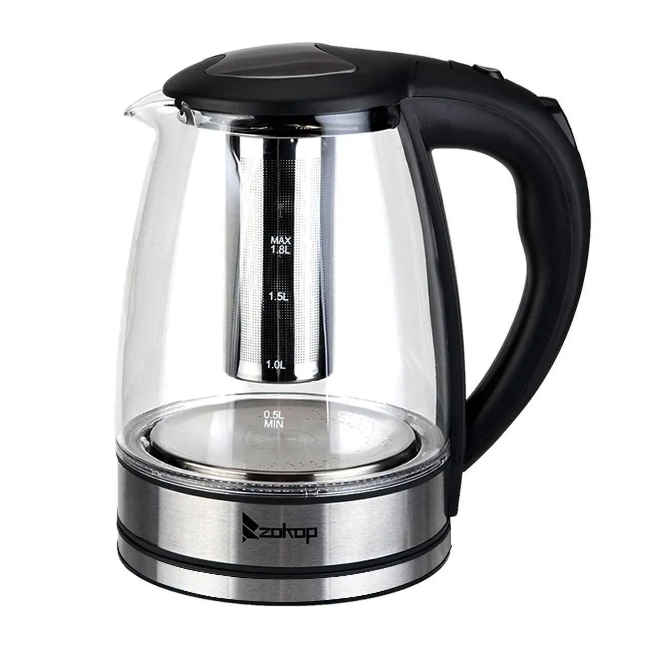 ZOKOP 1200W Power 1.8L Electric Glass Kettle (120V, 50-60Hz, US Plug) - LED Lights, 5-Min Auto Shut-Off, Boil Dry Safe, Overheat Protection, BPA-Free for Coffee, Tea