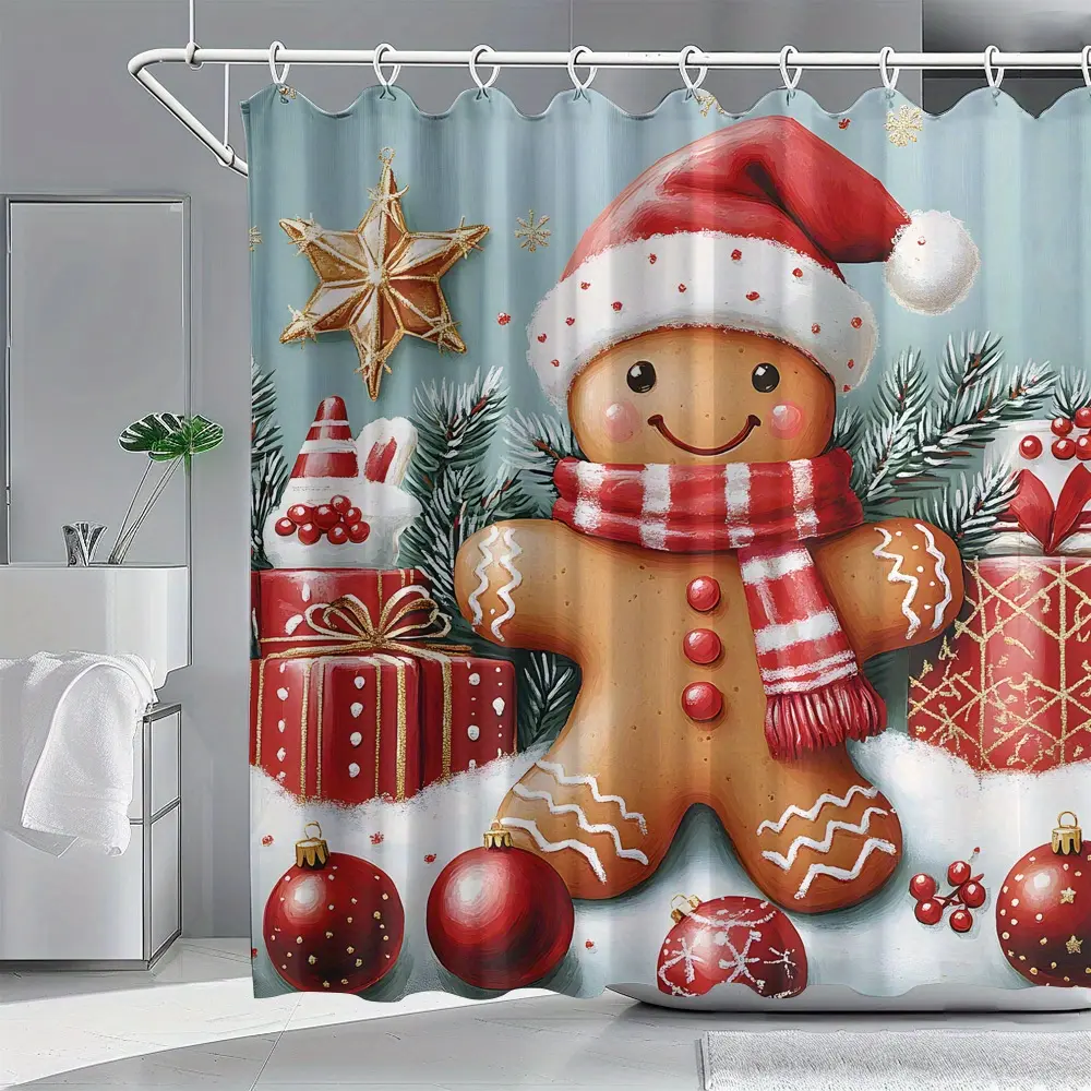 1pc Festive Christmas Gingerbread Man Shower Curtain - Polyester, Machine Washable, Red & White Striped Scarf Design, Snowflakes & Gift Boxes Decor, Ideal for Holiday Bathroom Decor, Holiday Bathroom Decor | Festive Design, Christmas Decorations