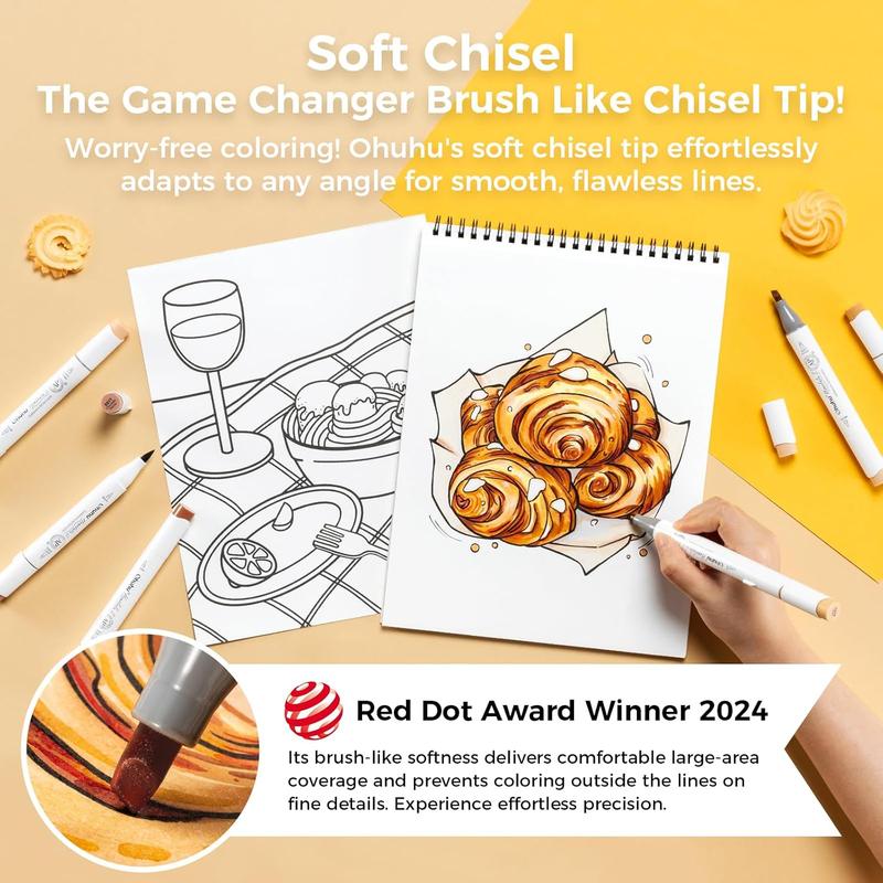 Ohuhu Soft Chisel Alcohol Markers Red Dot Design Award Winner Brush & Soft Chisel Dual Tips Drawing Markers for Artist Beginner Adult Coloring Illustration Sketching -Honolulu S - 24 skin-tone / 48 basic tone / 60 Illustration-color