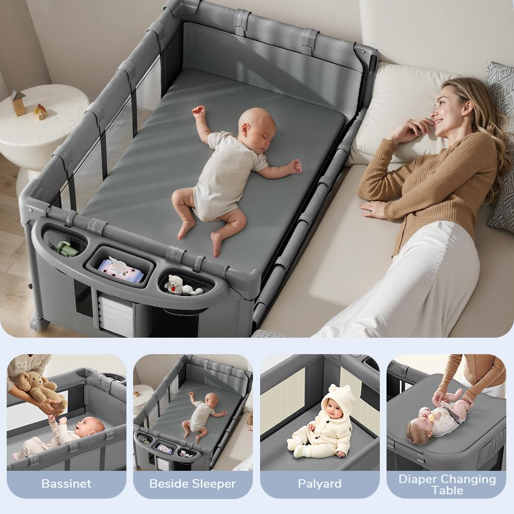 CAVEEN 5 in 1 Baby Playard, WIth Baby Bassinet, Portable Bedside Sleeper Baby Crib, with Removable Changing Station & Storage Organizer, Grey CAVEEN 5 in 1 Baby Playard, WIth Baby Bassinet, Portable Bedside Sleeper Baby Crib, with Removable Changing Station & Storage Organizer, Grey