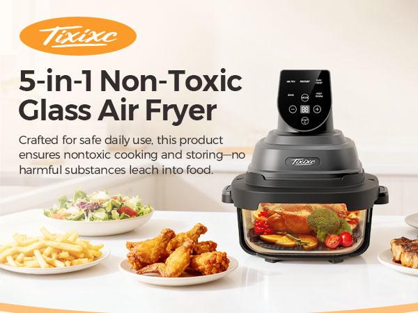 1500W 5-in-1 Glass Air Fryer Non-Toxic - 4Qt Pot+6Cup Container with Lid & Dust Cover, Portable Smart Kitchen Appliance Silicone Pad Included