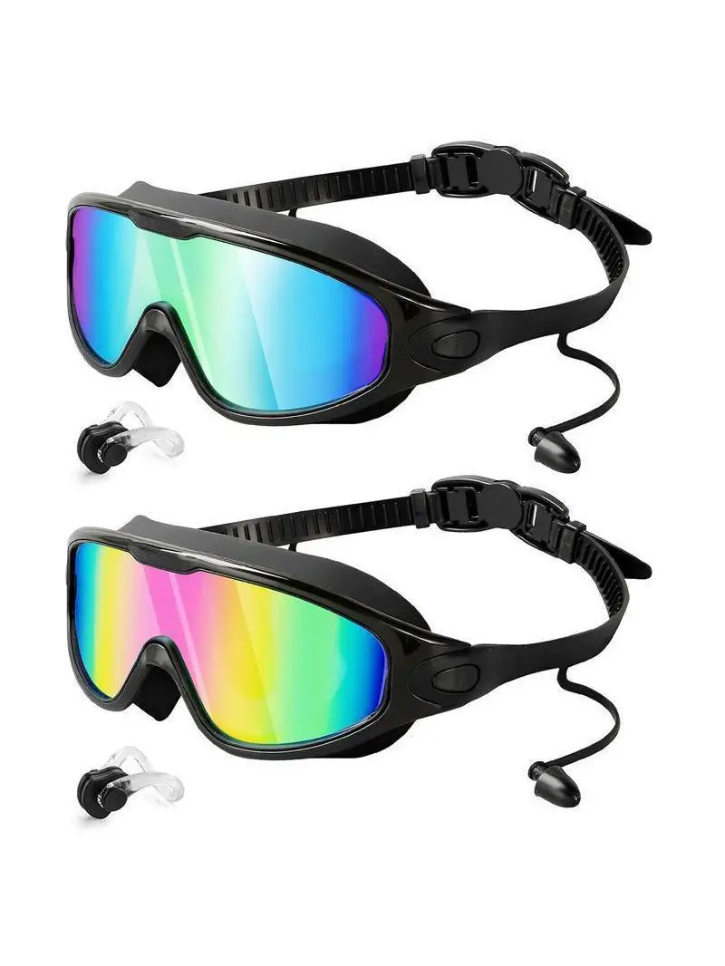 GOECI 2 Pack - Swim Goggles for Adults & Kids - Anti-Fog Full-Coverage, 3-Color UV Lens, Waterproof Earplugs & Nose Clip, Fit Outdoorfun