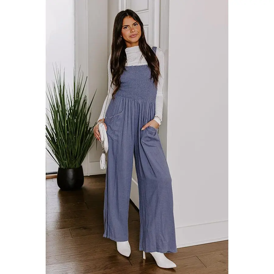 Gather The Courage Smocked Jumpsuit In Blue