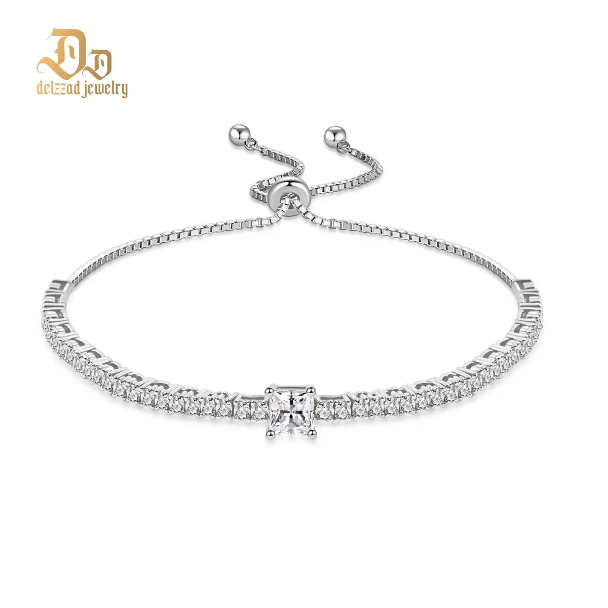 Delzzad 14K Gold-Plated 2.5ct Boundless Love Bracelet Classic Tennis Chain Adjustable Slider Bracelet Princess Cut Synthetic Moissanite Bracelet Jewelry Perfect Birthday Engagement Wedding Anniversary Valentine's Day Gift