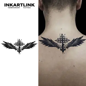 INKARTLINK Tattoo Tech, 2 Sheets Large Semi Permanent Tattoo, Adult Art Design Temporary Tattoos, Lasts 1-2 Weeks, Waterproof, Realistic Look, No Adhesive, No Reflection (Cross with Wings Design) Hydrate Moisture