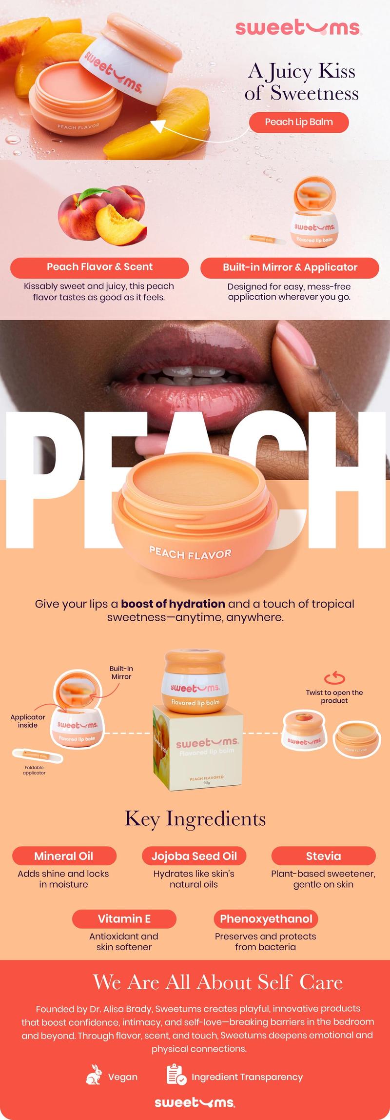 Sweetums Peach Flavored Lip Balm Hydrating Fresh Peach Taste with Built-in Mirror & Applicator for Effortless Use Vegan Cruelty-Free Glossy Lip Balm