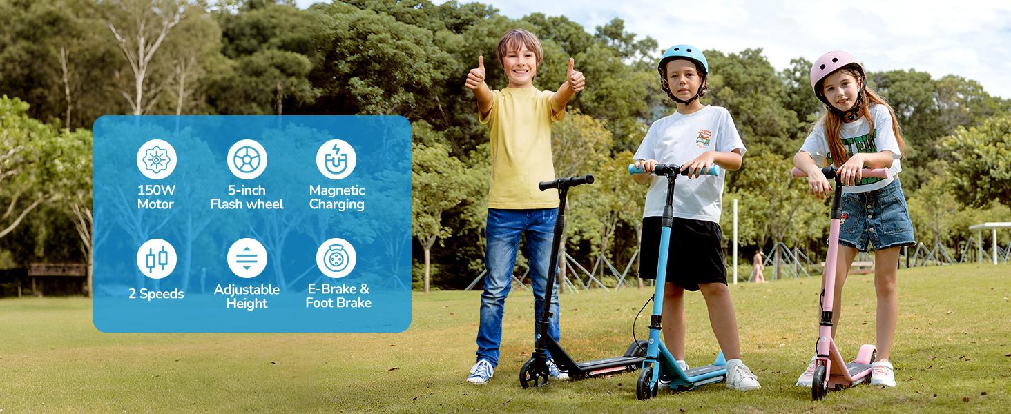 【Joy E-Glide】Kids Electric Scooter with LED Display, 10 MPH Top Speed,15 Miles Range, 2 Speed Modes, Disc Brakes, UL Lithium Battery, Aluminum Alloy Frame,5-Inch Flash  Wheels Foldable Electric Scooter forAges 6-14