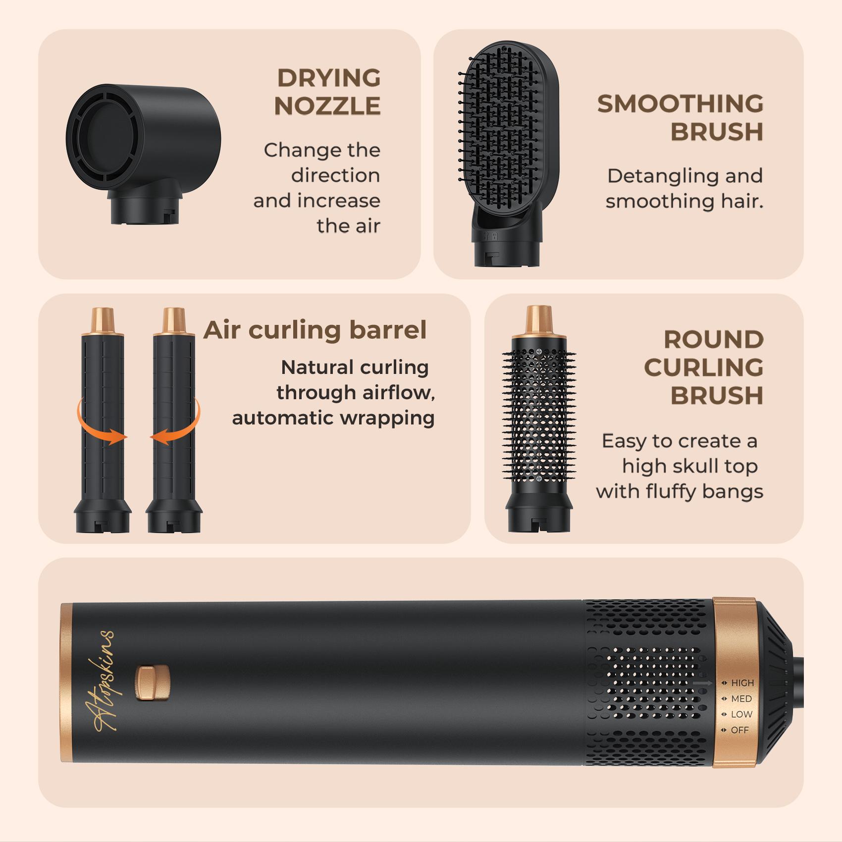 ATOPSKINS 5-in-1 Air Styler: Soft Airflow & Ultra-Lightweight(The attachments are made of plastic）, Zero Heat Damage (203°F) for Non-Aggressive Styling Includes 1 Hair Dryer 2 Hot Air Curlers Christiansmas Gift Black Blue White diffuser curly hair