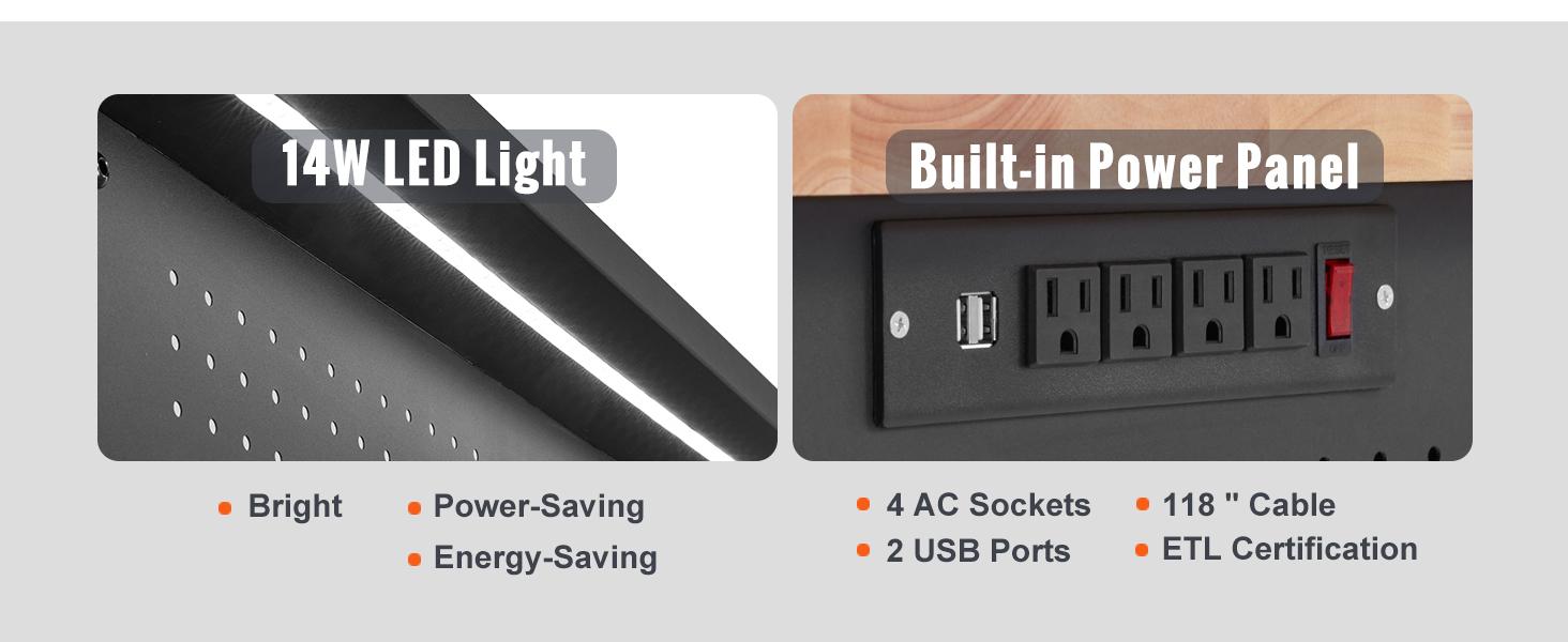 VEVOR Workbench Adjustable Height 28-39.5" Work Bench For Garage Oak Plank & Carbon Steel Heavy Duty Workbench 2000lbs Weight Capacity Bench top Size 48x24" Hardwood Workbench 3m Cable 30 Hooks