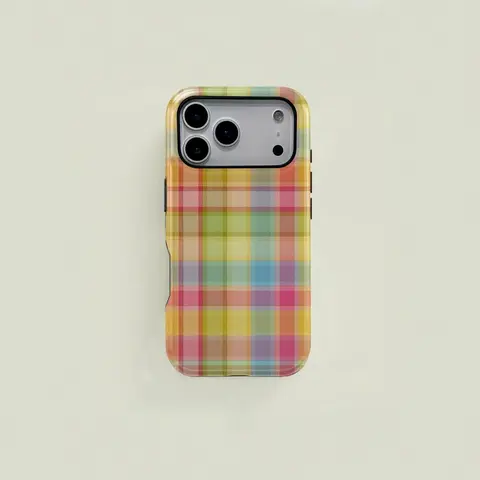 Vintage Colorful Plaid Square Smartphone Case for Women - 2-in-1 Durable Double-Sided Cover with Screen Protection, Multi-Model Accessory for iPhone 17 18/16/15/14/13/12 Pro & Samsung Galaxy Devices