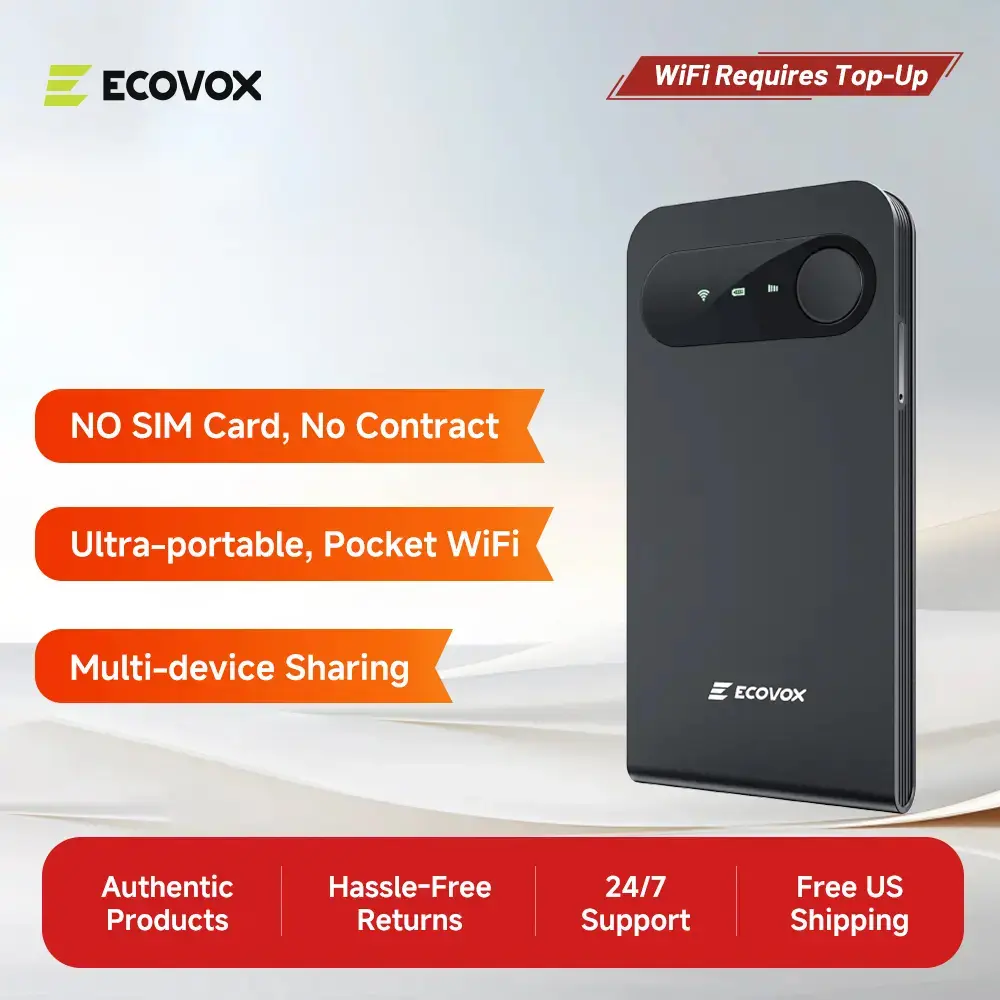 [Deals For You Days] ECOVOX Global Portable WiFi Hotspot 4G LTE Pocket Router, Multi-Carrier Support, 150Mbps, FCC Certified, 86g Lightweight, USB-C, 802.11.a Single-Band, 1 Port, Free 1GB Data for Travelers, RVs